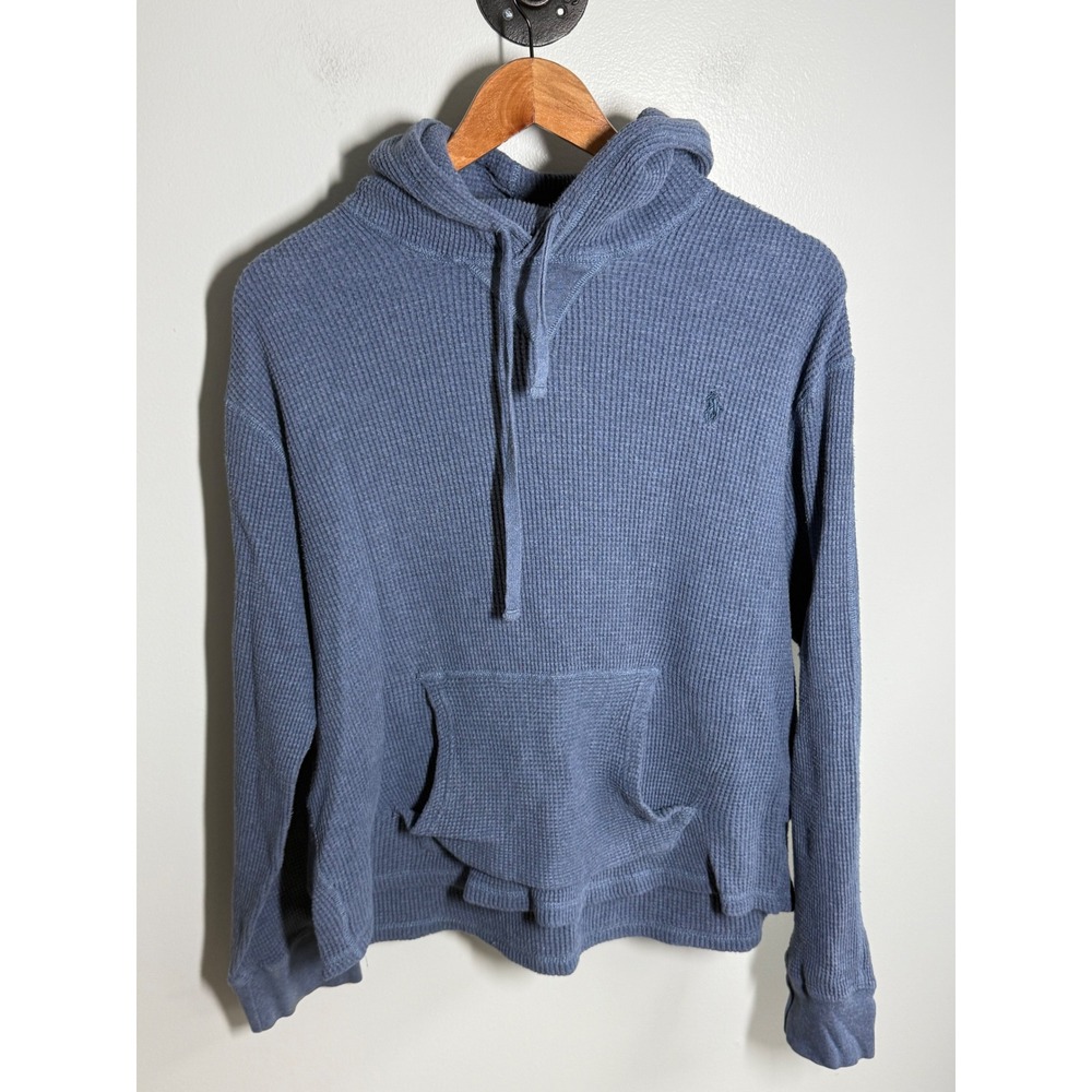 Polo Ralph Lauren Mens Blue Waffle Knit Thermal Hoodie L Pony Logo Pullover
